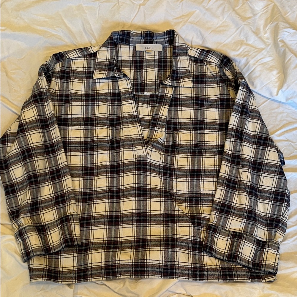 LOFT women’s Casual Plaid Shirt - Blue, Burgandy and Cream